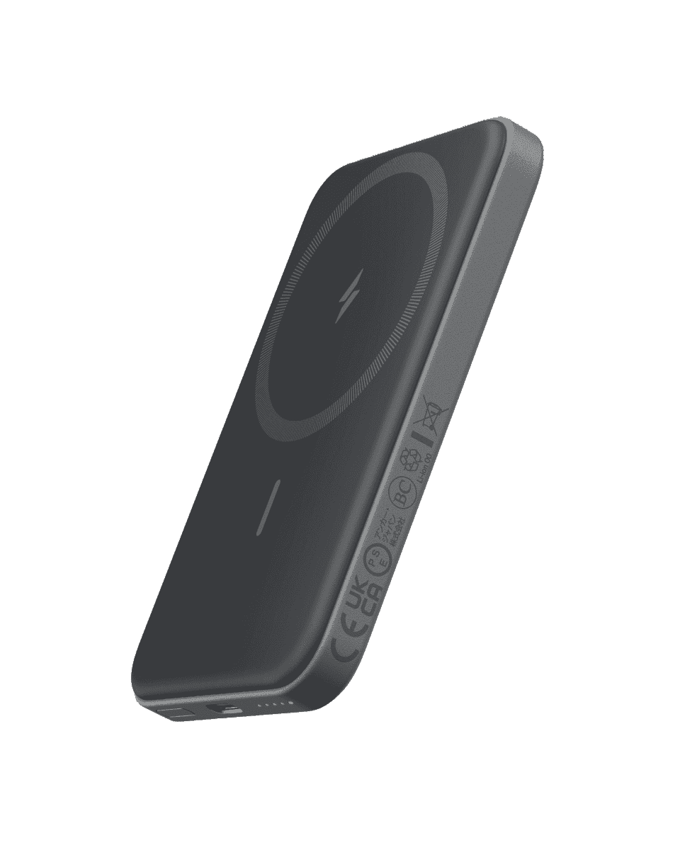 Magnetic battery charger, dark gray, slim rectangular design with wireless charging pad