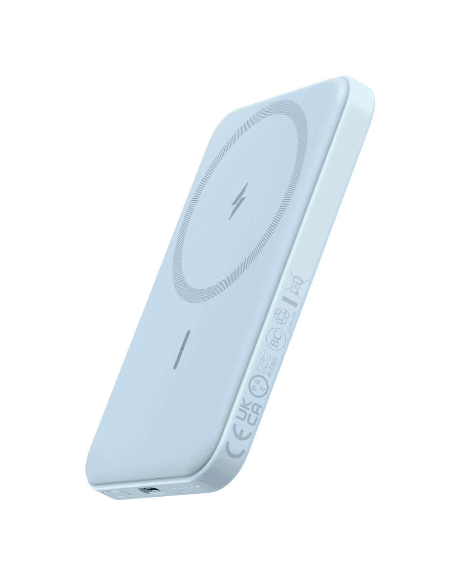 Anker 621 magnetic battery (MagGo) in Misty Blue, angled wireless charging back.