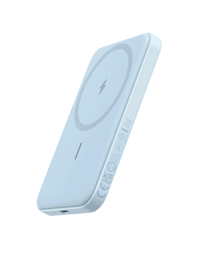 Anker 621 magnetic battery (MagGo) in Misty Blue, angled wireless charging back.