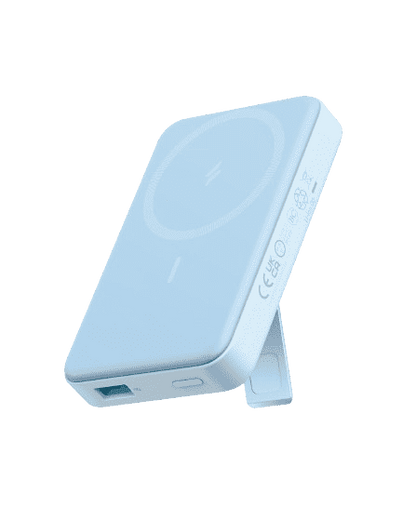 Light blue magnetic power bank with foldable stand, front charging face visible