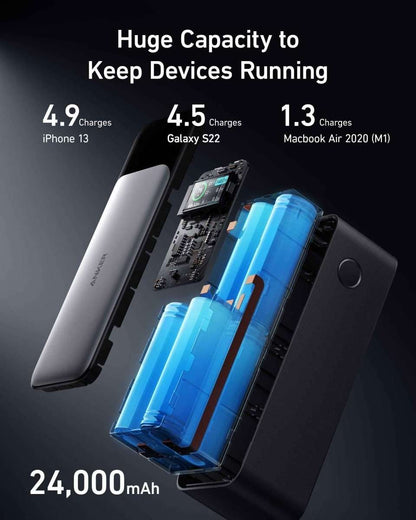 Black and silver power bank with capacity illustration and charging output ports