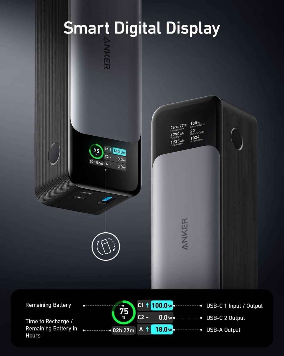 Black power bank with smart digital display showing battery status
