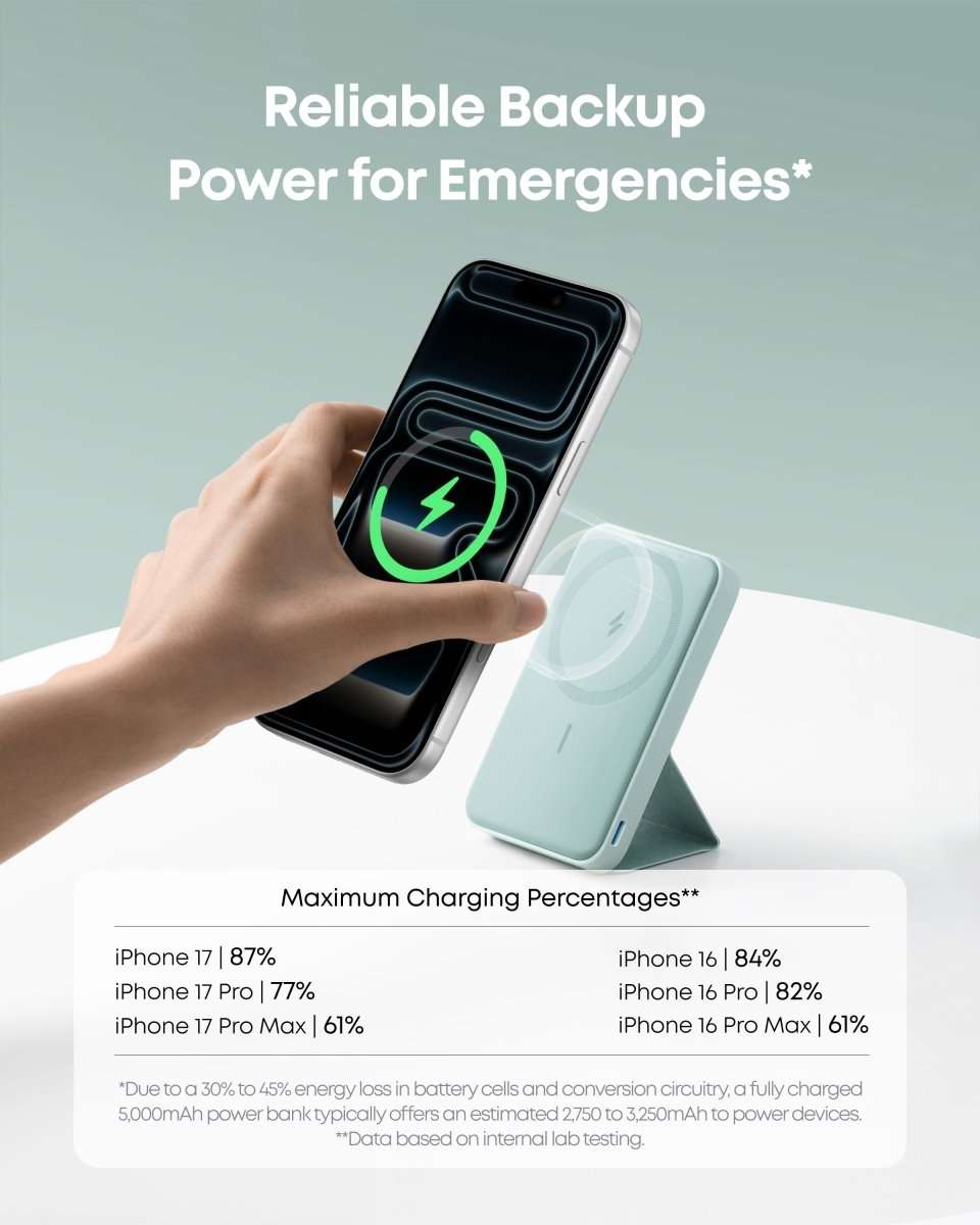 Light blue magnetic battery power bank held over a phone screen