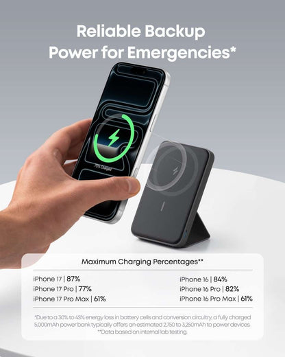 Black magnetic battery dock charging a smartphone, showing a green charging indicator