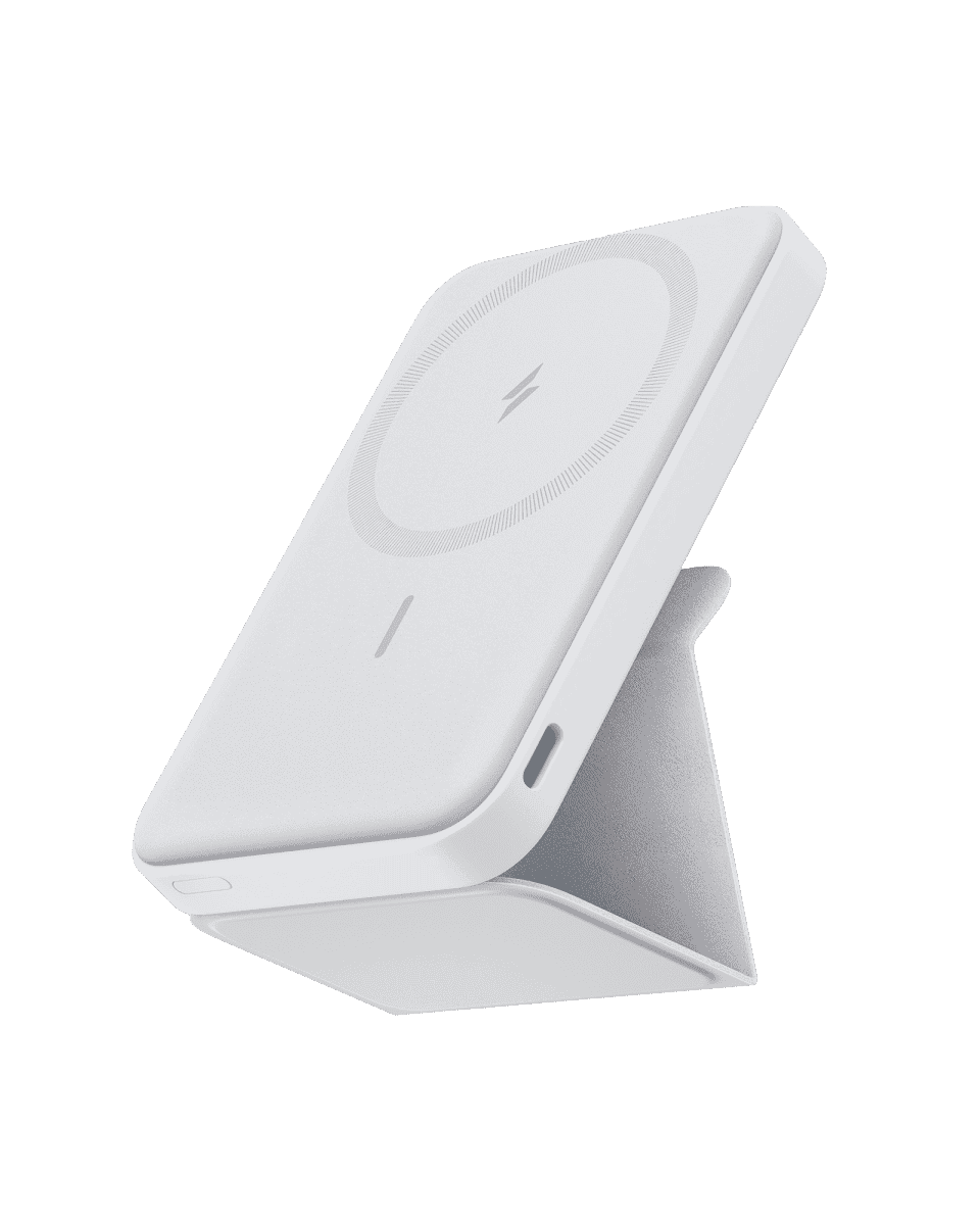 Magnetic battery with foldable stand, white shell, wireless charging disc