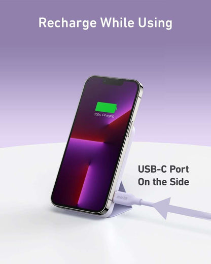MagGo magnetic battery stand with side USB-C port, charging a phone