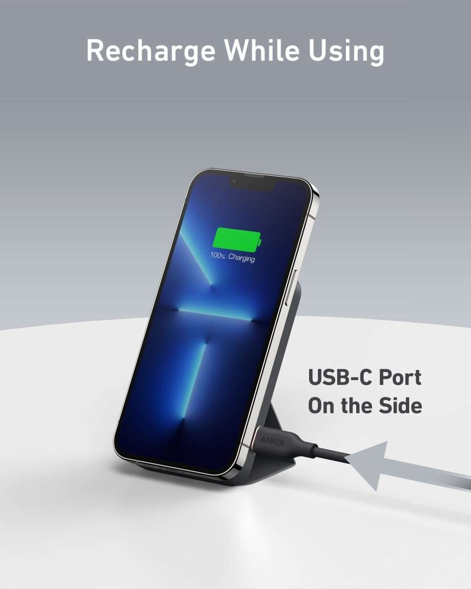 Magnetic battery dock charging a smartphone; USB-C side port and cable attached
