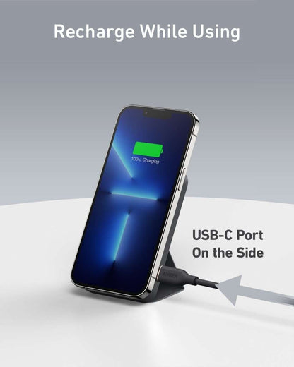 Magnetic battery dock charging a smartphone; USB-C side port and cable attached