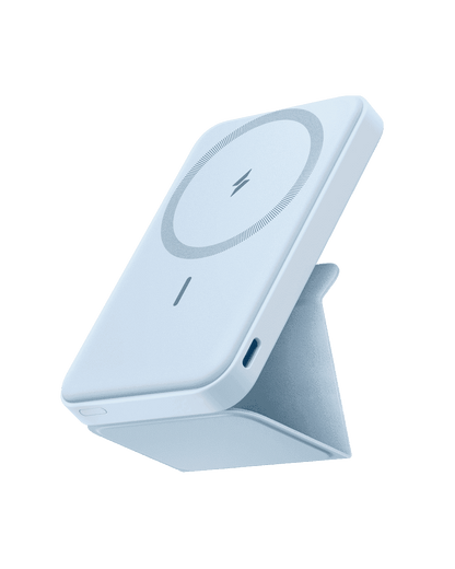 Light blue magnetic battery power bank with fold-out stand, wireless charging surface