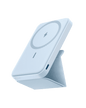 Light blue magnetic battery power bank with fold-out stand, wireless charging surface