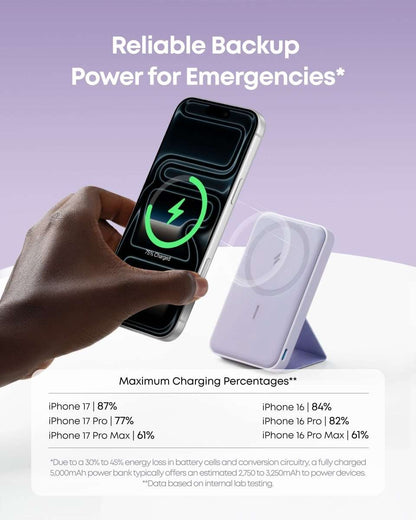 MagGo magnetic battery with blue stand, charging a dark smartphone