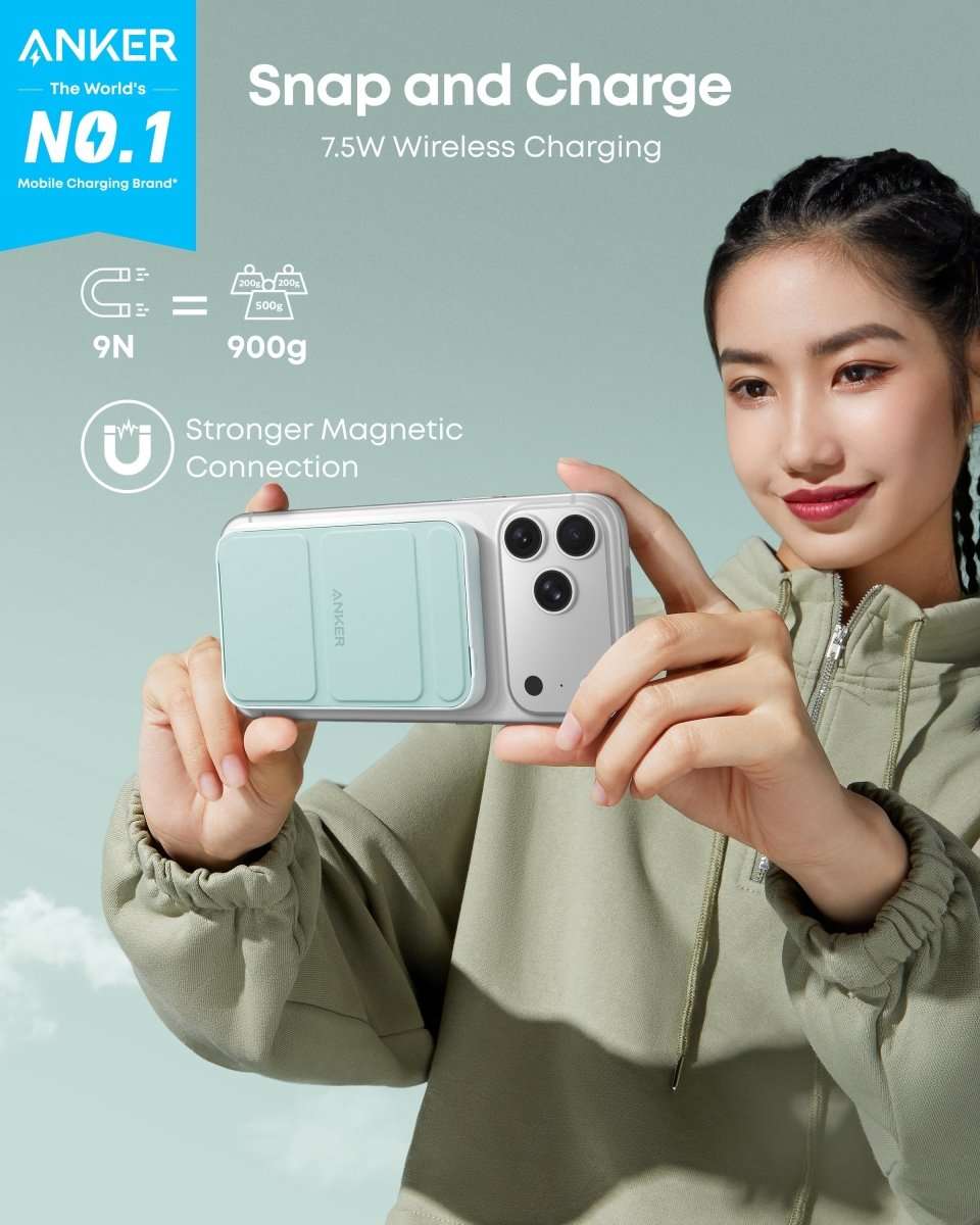 Light blue magnetic battery power bank with fold-out charging panel and camera cutouts