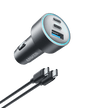 Compact car USB charger with blue-lit ring, showing two port openings and cable