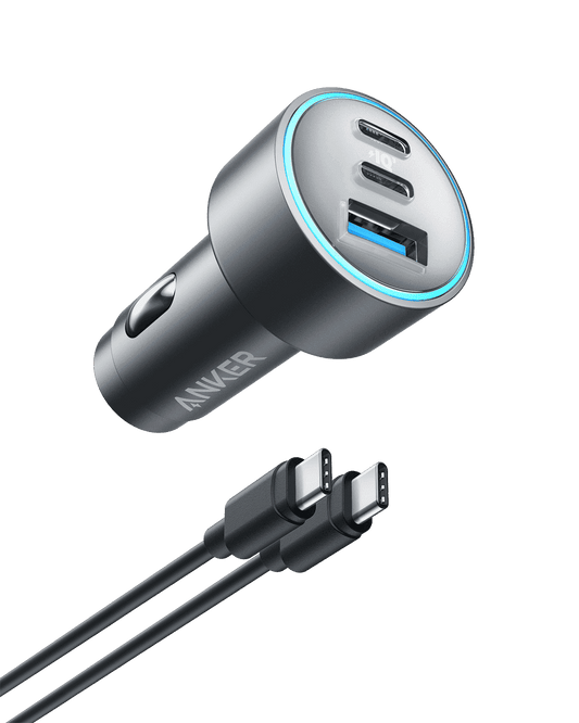 Anker 67W car USB charger with blue LED ring and dual USB ports, close-up.