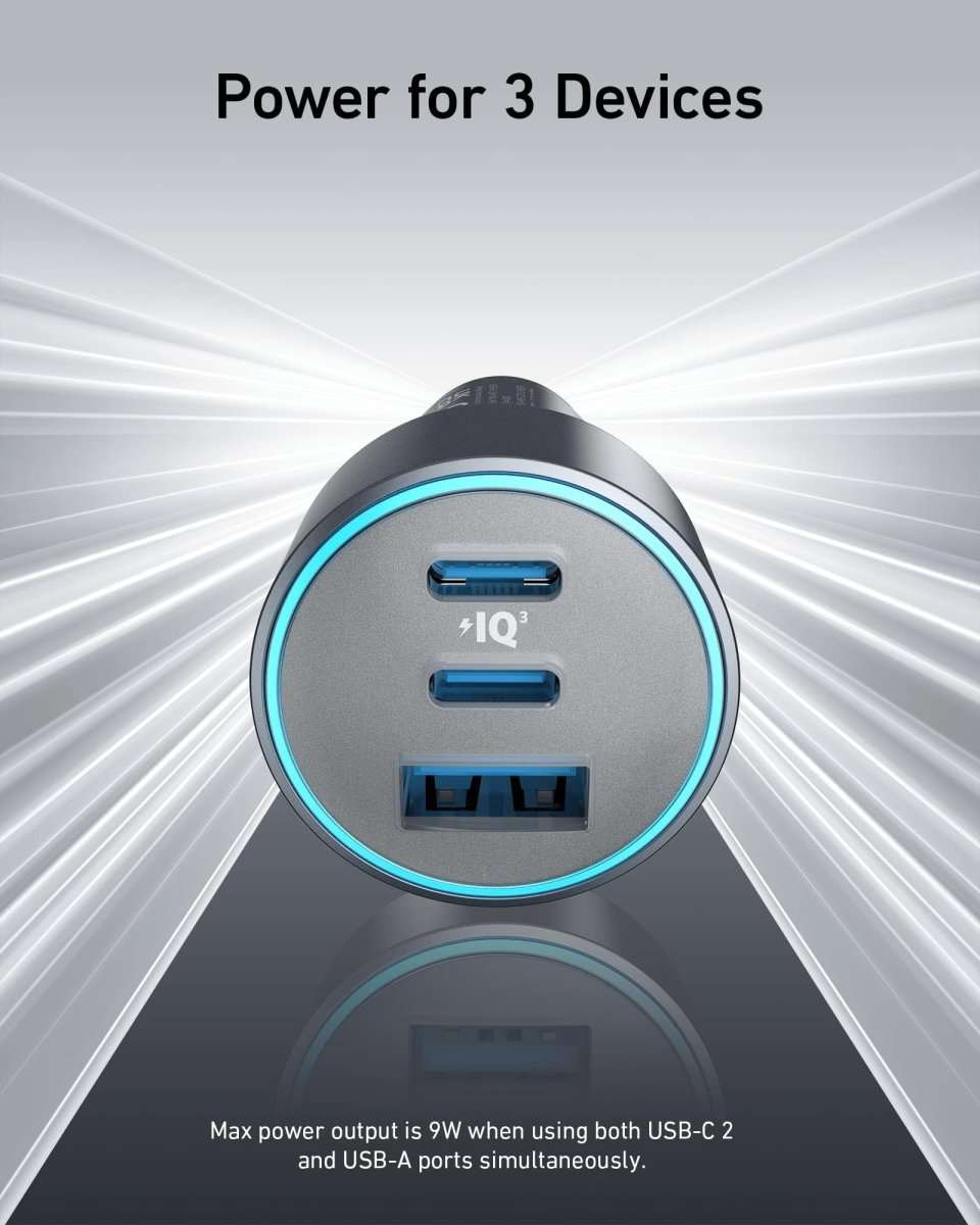 Dual-port car USB charger with blue illuminated ring and two USB ports