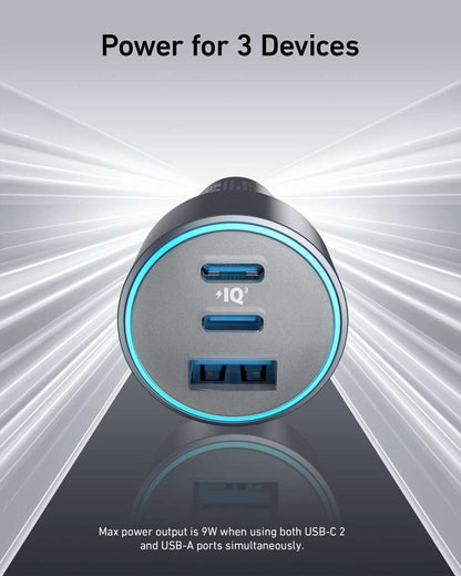 Dual-port car USB charger with blue illuminated ring and two USB ports