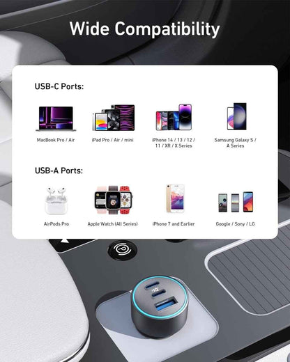 Car USB charger on center console with blue-lit ports and connected cables