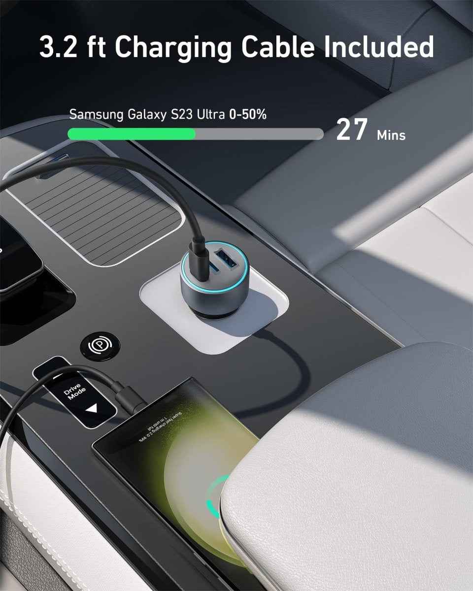 USB car charger with dual ports and indicator light, with cable connected