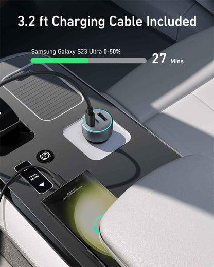 USB car charger with dual ports and indicator light, with cable connected