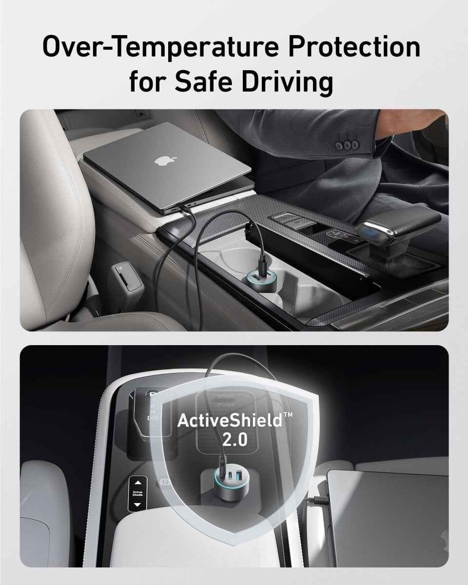 Car USB charger with connected cable, placed near laptop in back seat