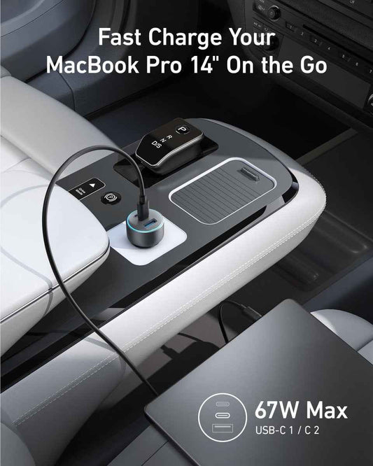 67W car USB charger with blue LED ring, shown on a vehicle center console.