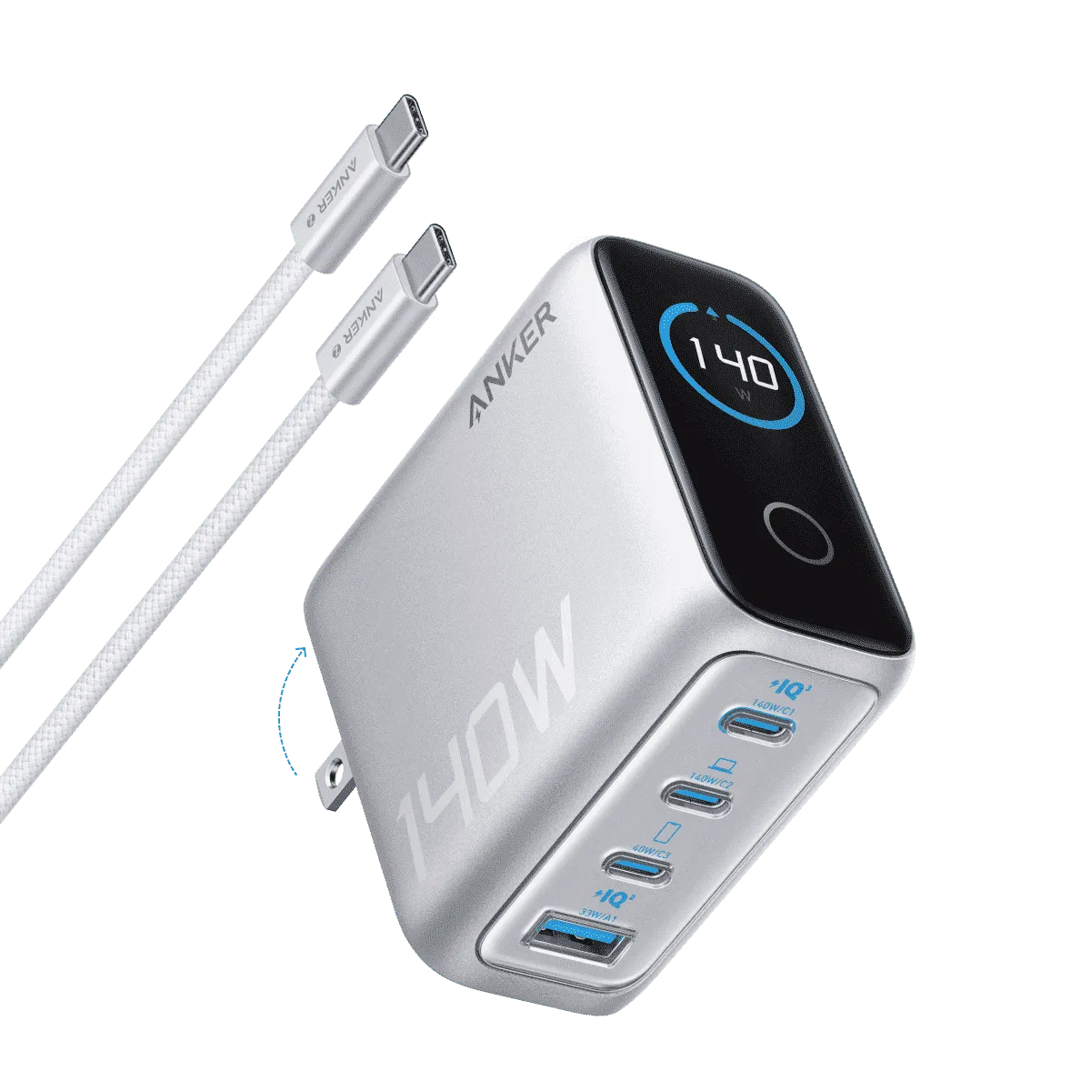 Anker Charger (140W, 4-Port, PD 3.1) with USB-C Cable Anker Dark Gray Silver Dark Gray-Silver-