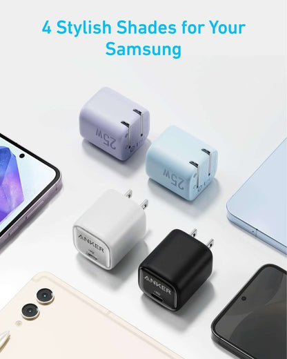 Four Anker 25W USB-C chargers in white, black, light purple, and misty blue colors.