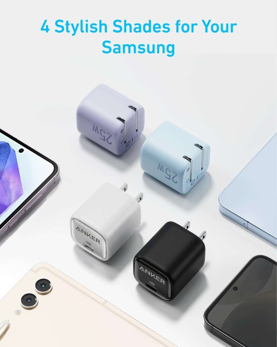 Four compact USB-C chargers in black, white, misty blue, and light purple