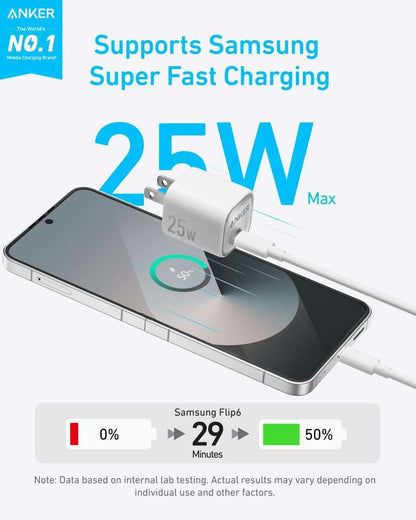 Anker 25W USB-C charger with foldable plug connected to a smartphone via USB cable.