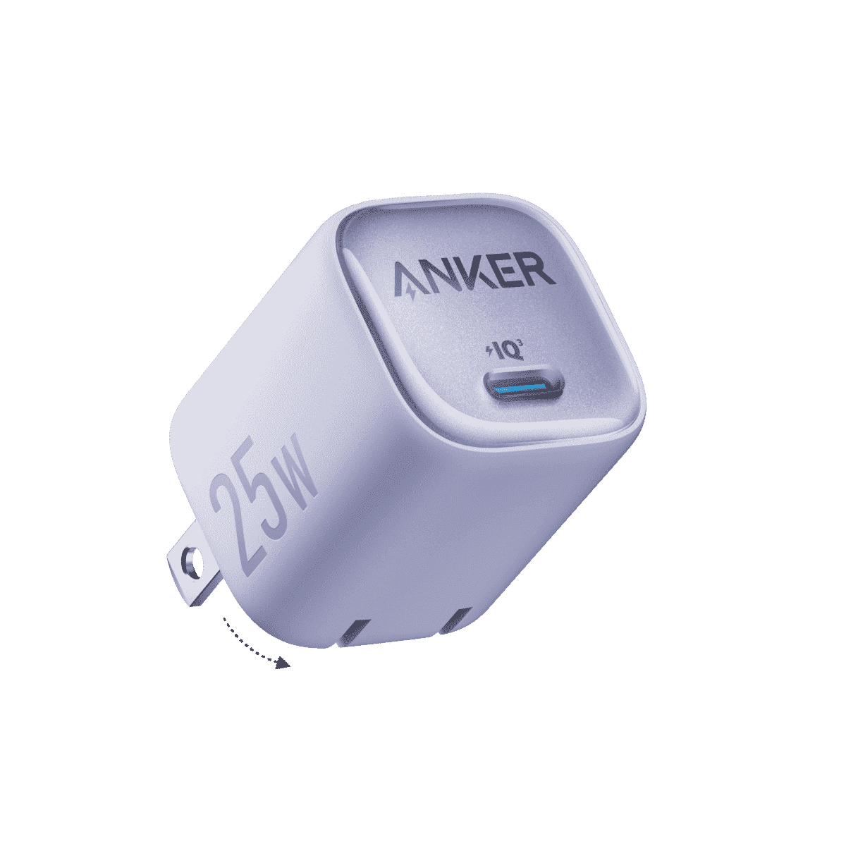 Lavender Anker 25W USB-C charger with foldable two-pin plug