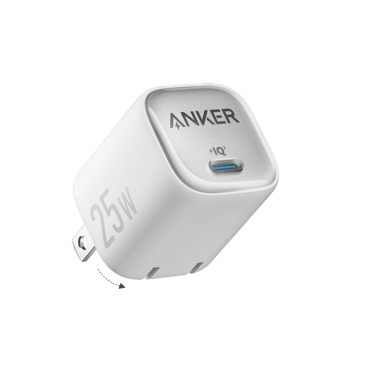 Anker 25W USB-C charger with foldable plug, white body and blue indicator light.