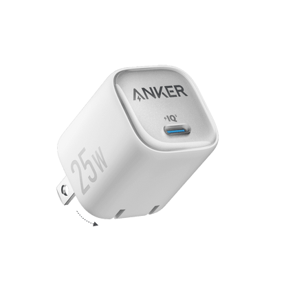 Anker 25W USB-C charger with foldable plug, white body and blue indicator light.