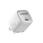 Anker 25W USB-C charger with foldable plug, white body and blue indicator light.