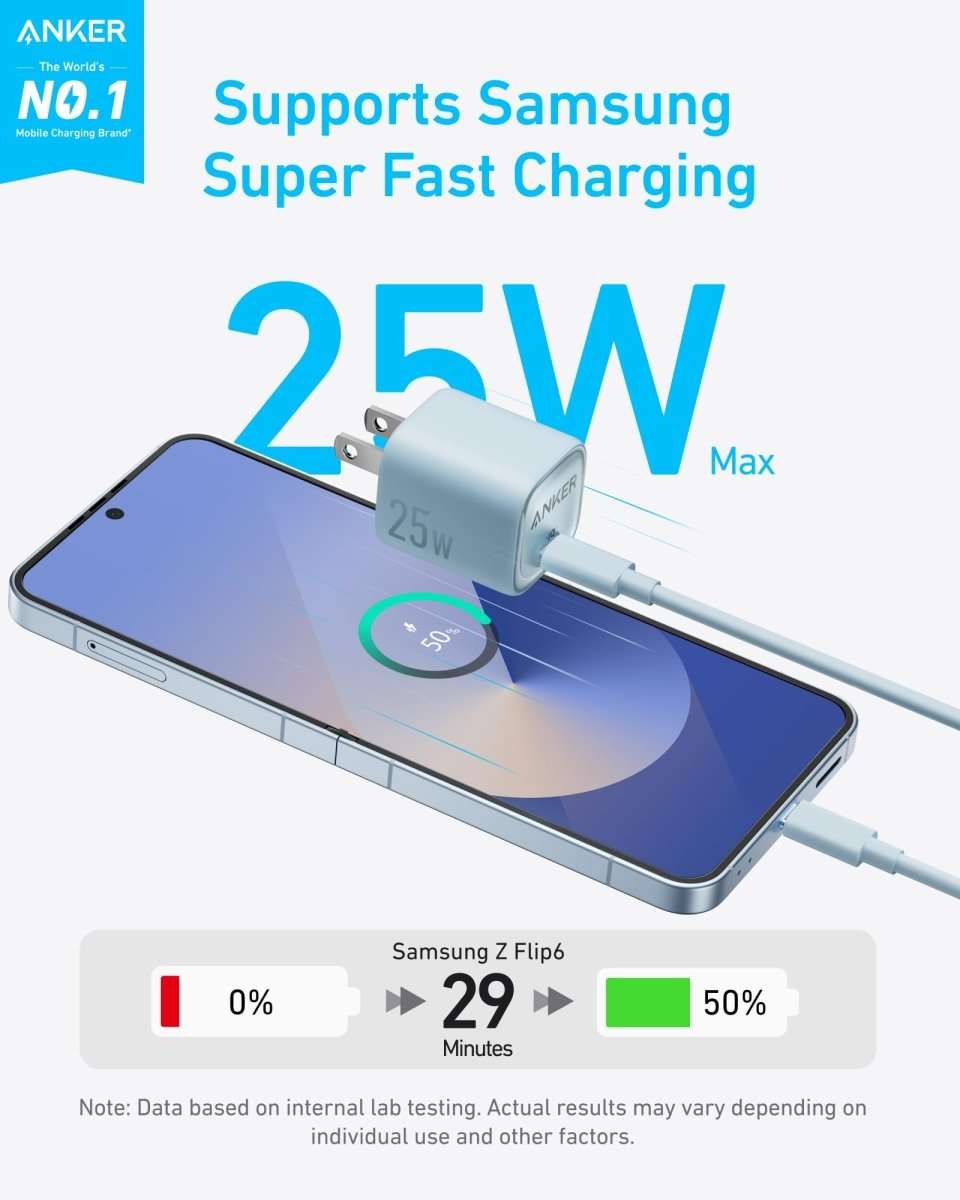 Light blue 25W compact USB-C charger for fast charging