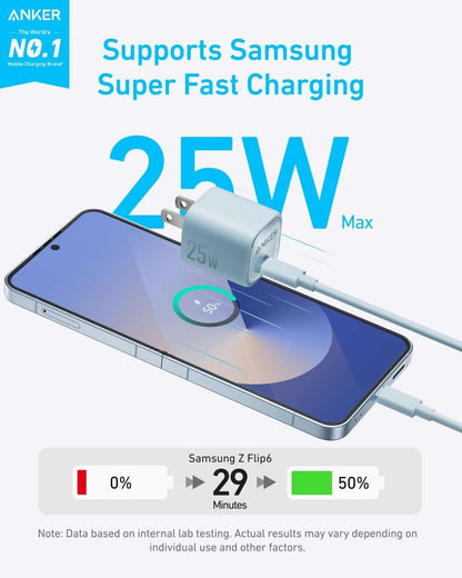Light blue 25W compact USB-C charger for fast charging