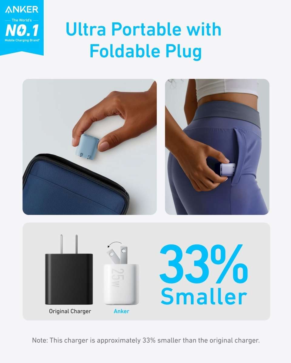 Compact 25W charger with foldable plug, shown in misty blue