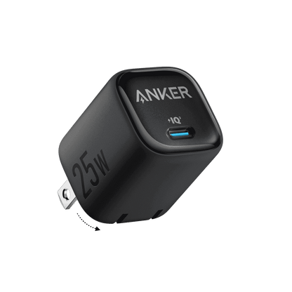 Anker 25W USB-C charger with foldable plug, black body and blue indicator light.