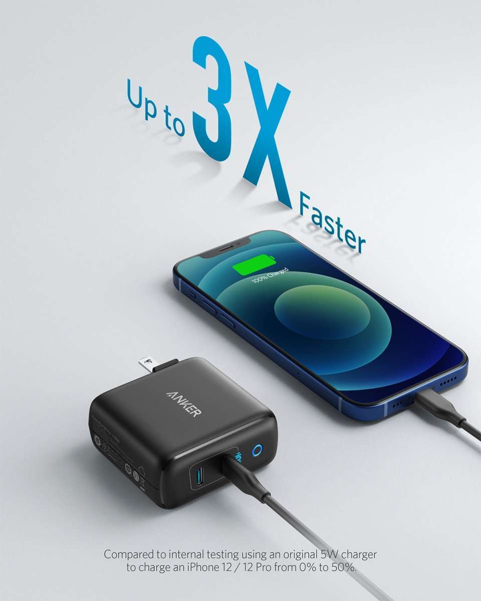 Anker 40W wall charger, black, shown charging a smartphone via USB-C