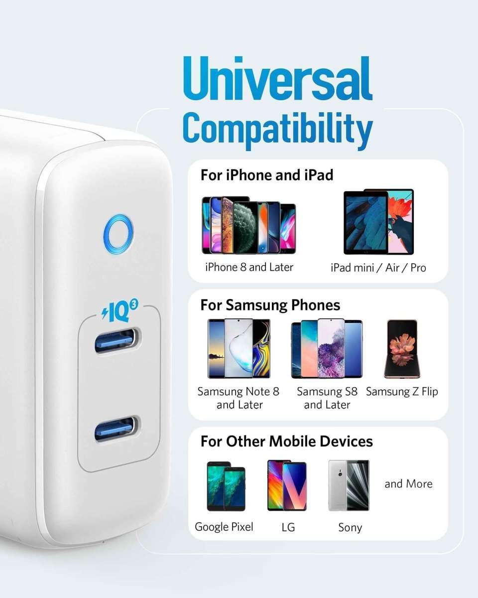 Anker 40W wall charger, white, dual USB-C ports for phones and tablets