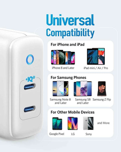 Anker 40W wall charger, white, dual USB-C ports for phones and tablets