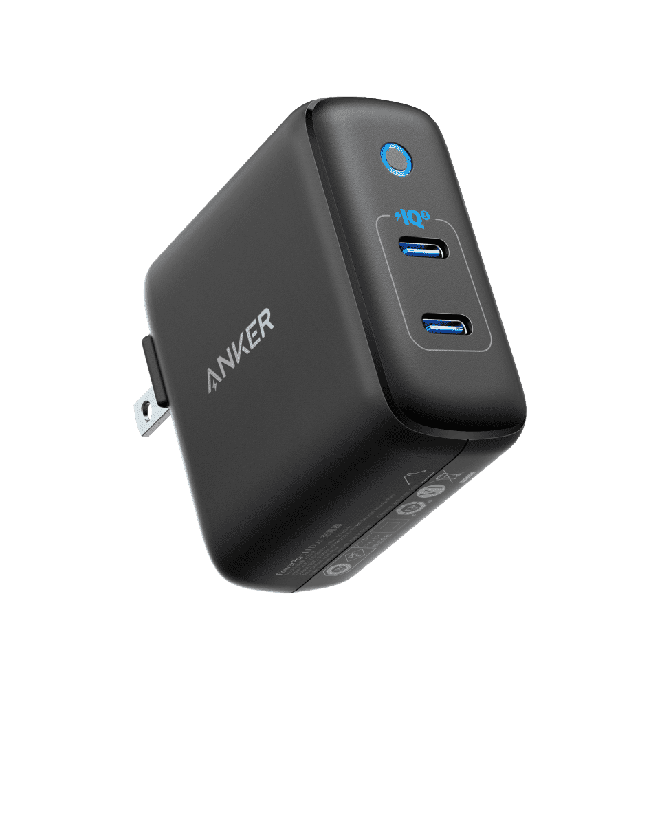 Anker 40W wall charger, black, two USB ports with blue indicators