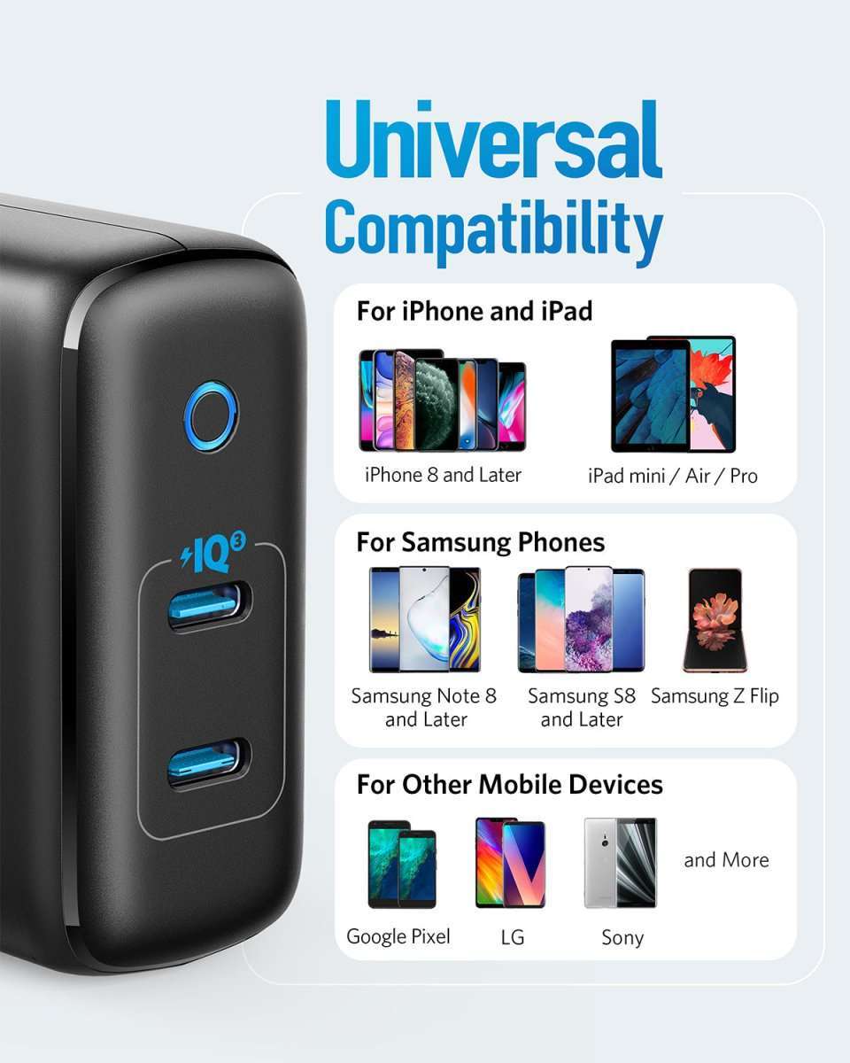 Black Anker 40W charger with dual USB ports and blue LED ring