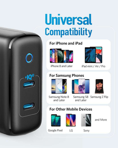 Black Anker 40W charger with dual USB ports and blue LED ring