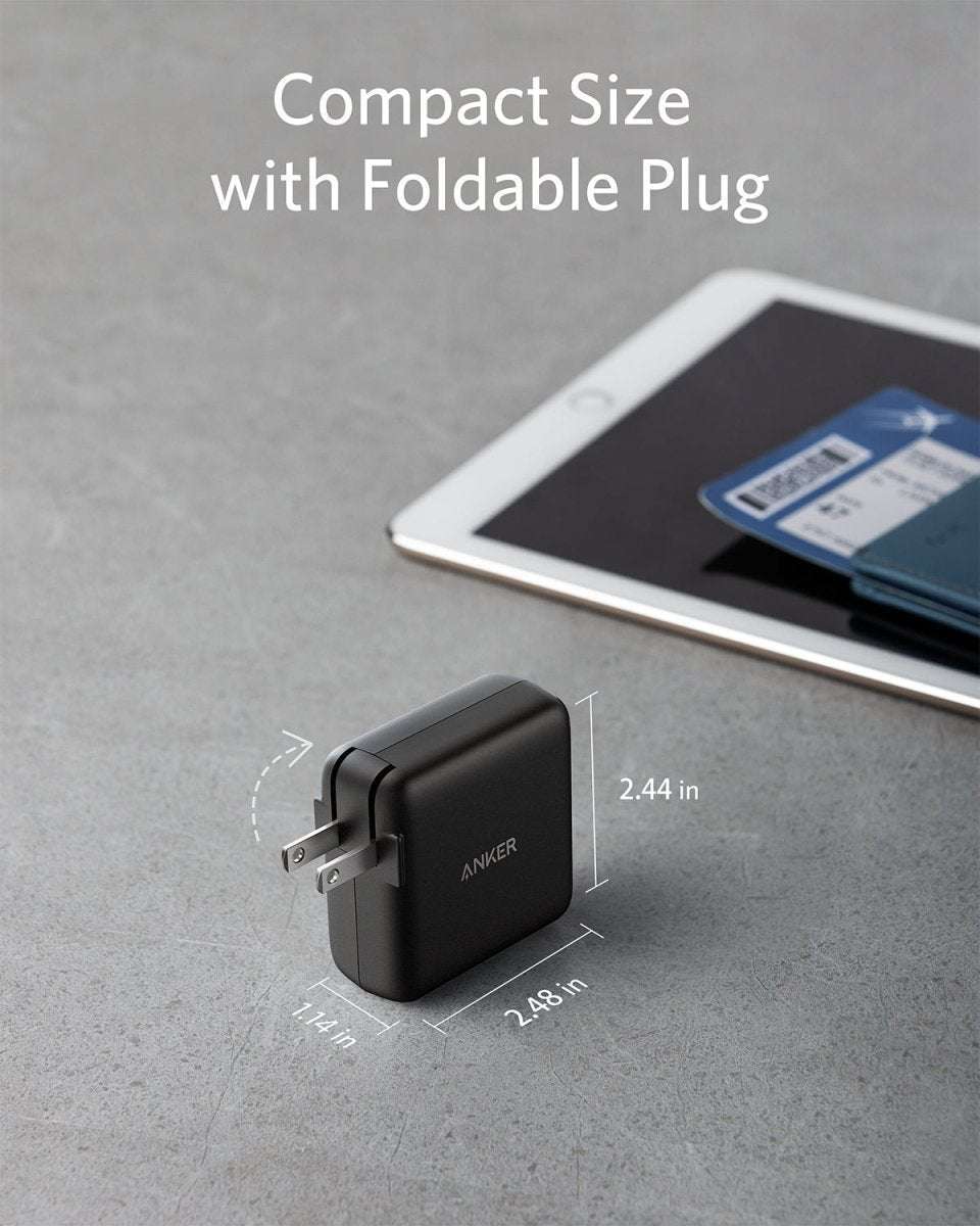 Black compact Anker 40W charger with foldable plug