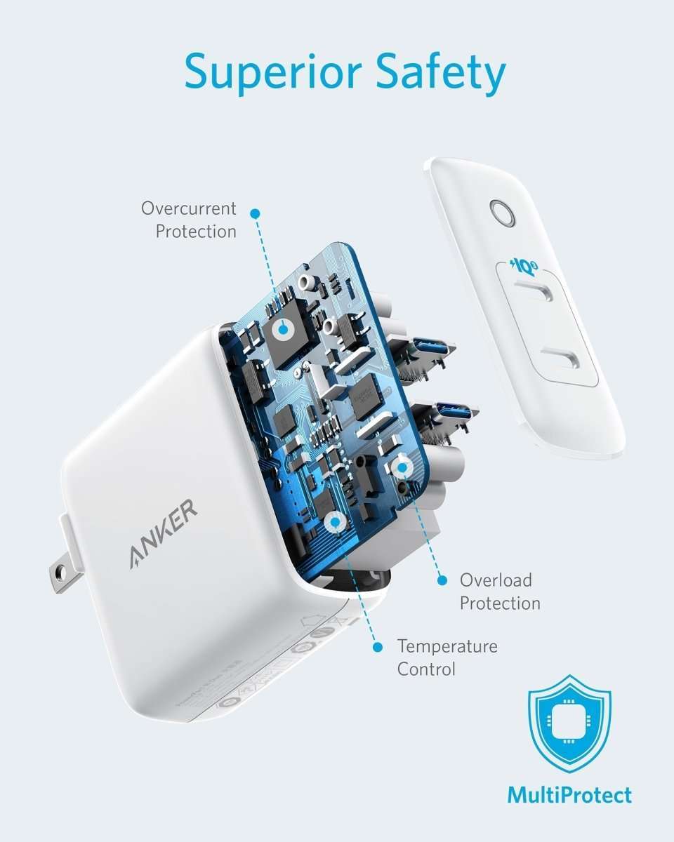 Anker 40W wall charger, white, with internal circuit and multi-protection