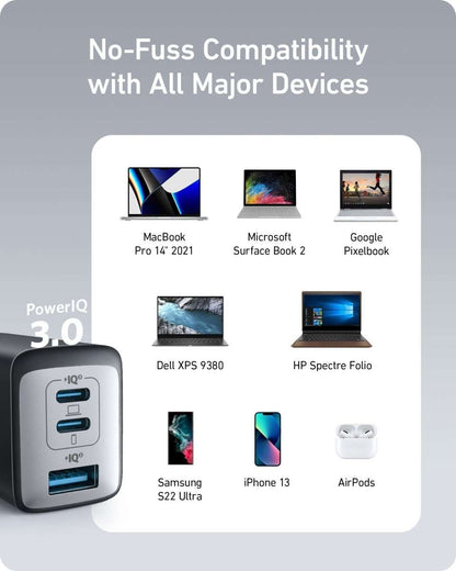 Anker Nano II 65W charger front view with two ports and LED status window