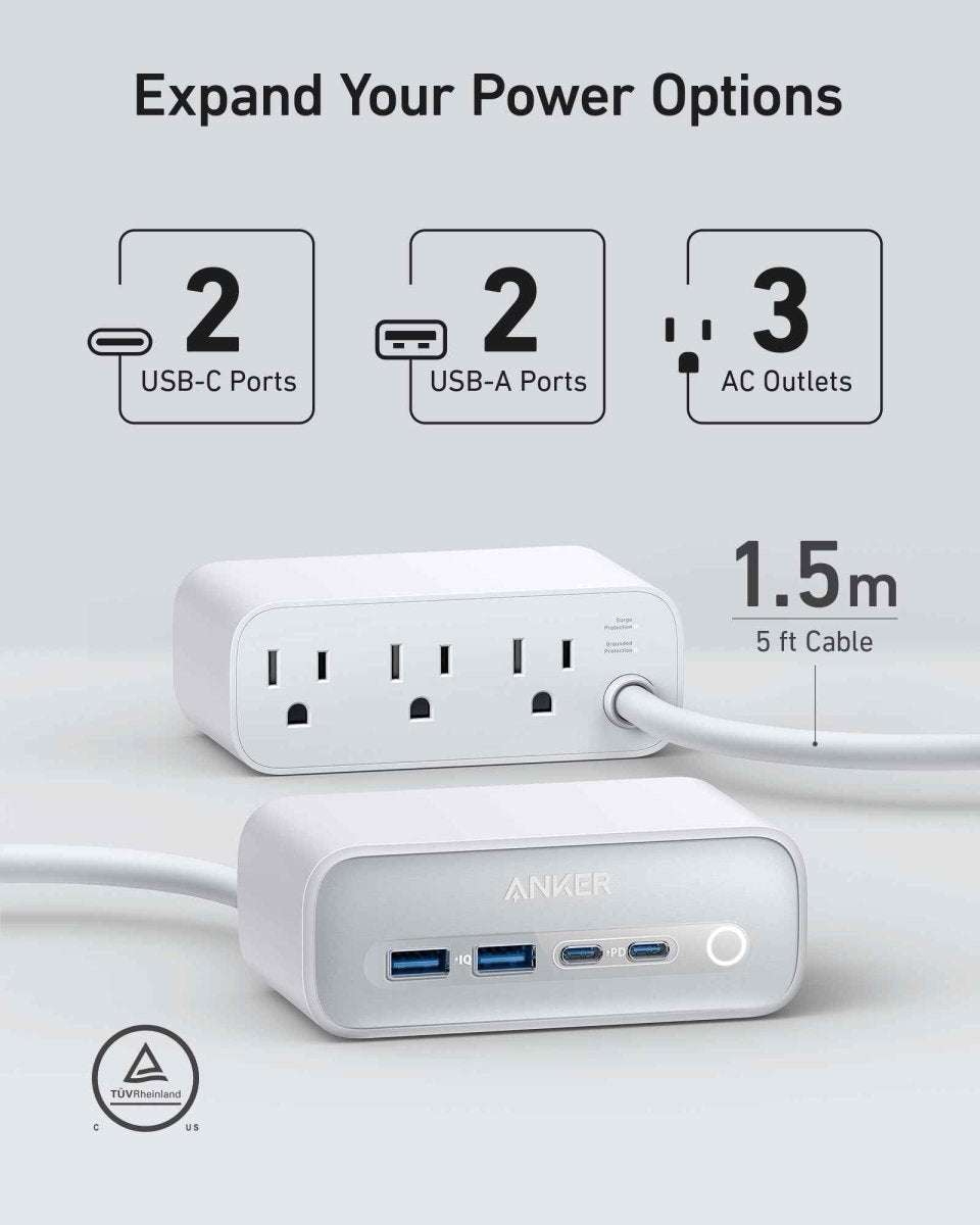 Two white charging stations, with USB ports and AC plug outlets, connected cables