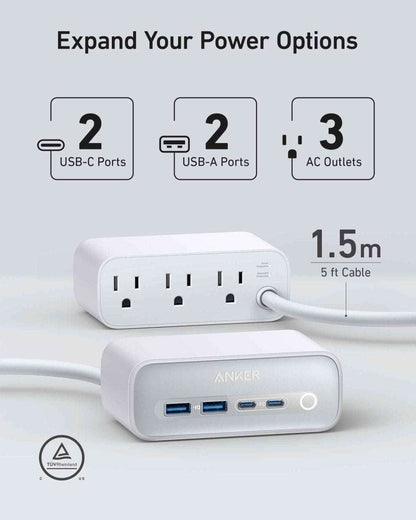 Two white charging stations, with USB ports and AC plug outlets, connected cables