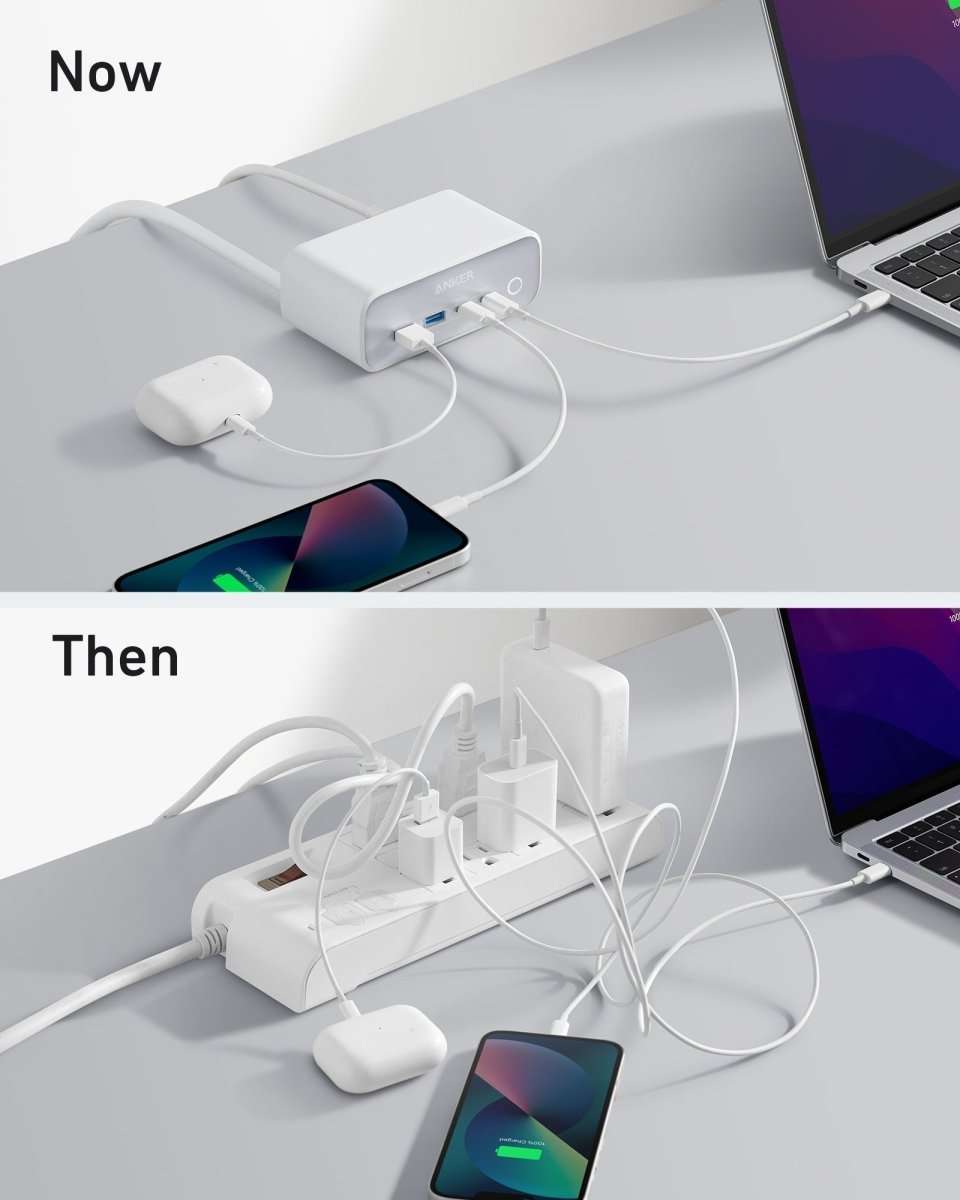 Anker charging station, light gray base with multiple charging ports and cables