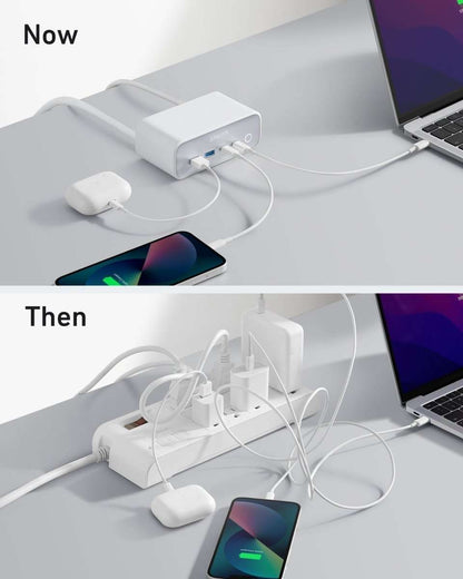Anker charging station, light gray base with multiple charging ports and cables